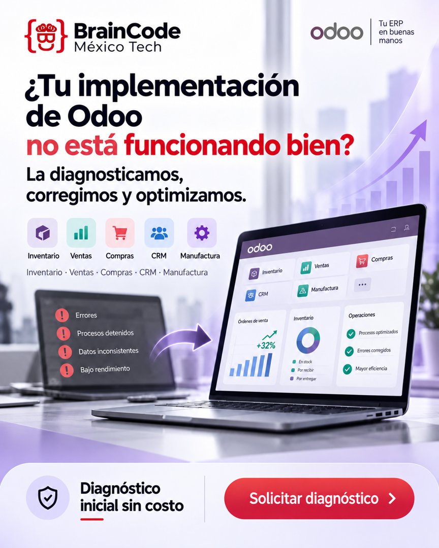 Anuncio de BrainCode México: diagnóstico de Odoo