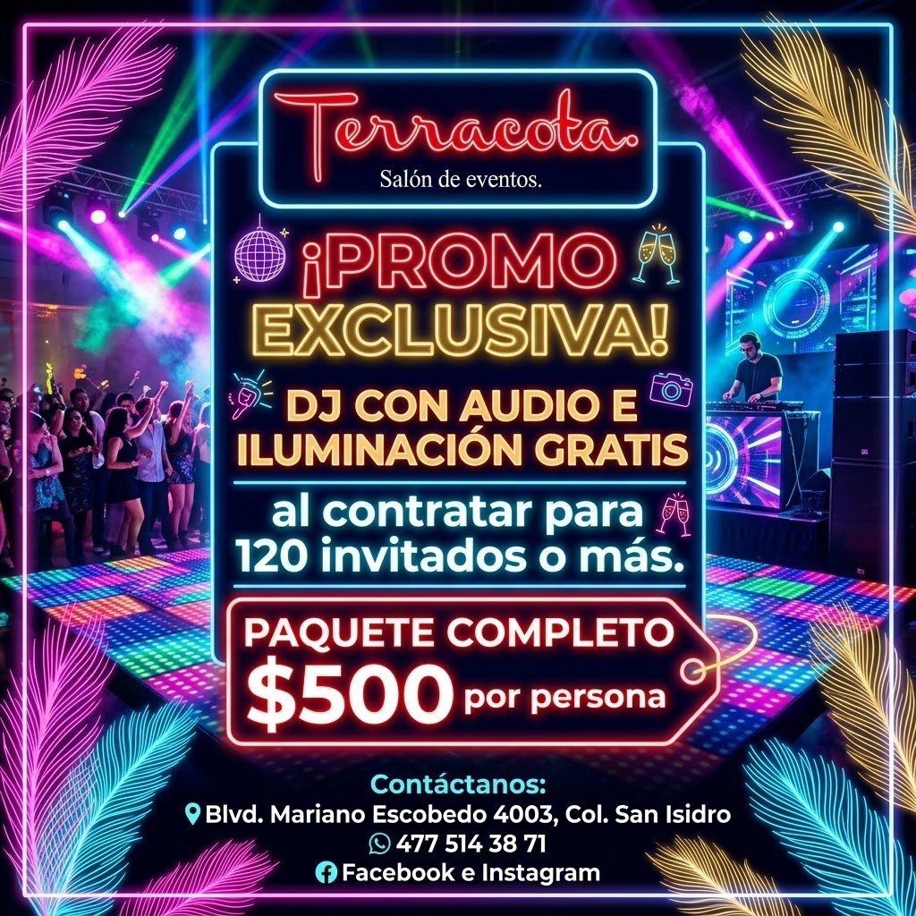 Anuncio de Salón de eventos Terracota: Paquete completo de salón de eventos con DJ, audio, iluminación, menú y mobiliario