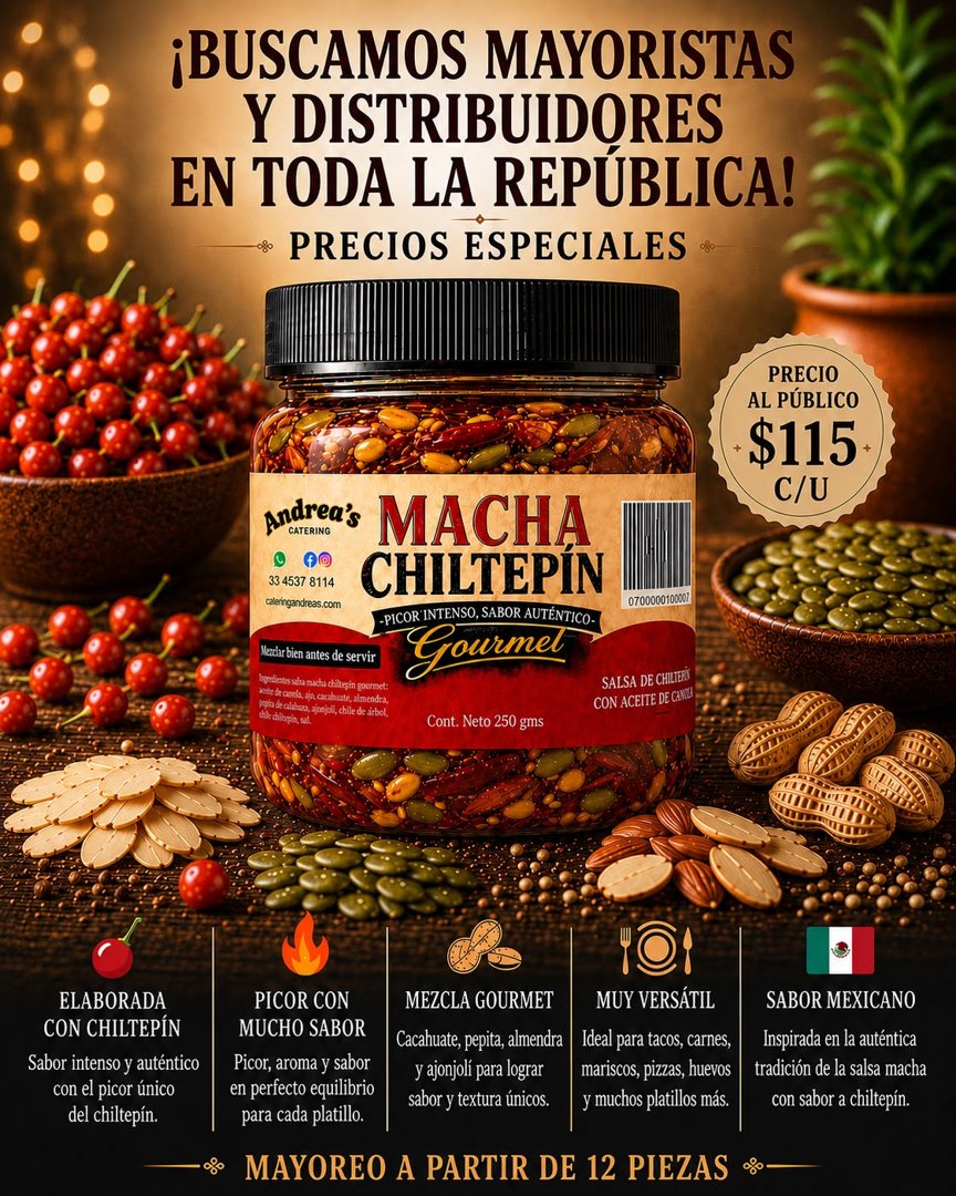 Anuncio de Andrea’s Sabores Mexicanos: Salsa Macha con Chiltepín