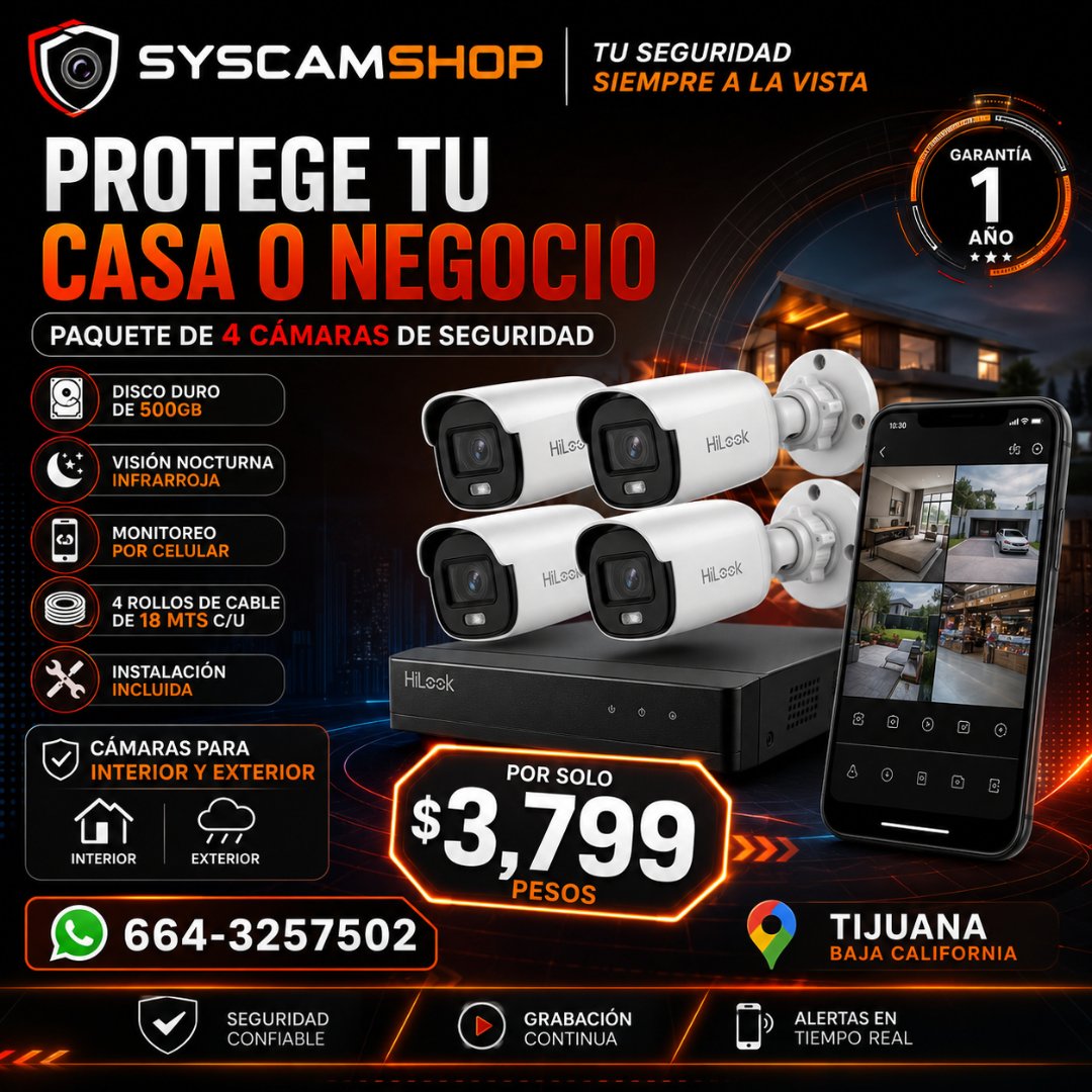 Anuncio de Syscam Shop: Paquete de 4 cámaras de seguridad