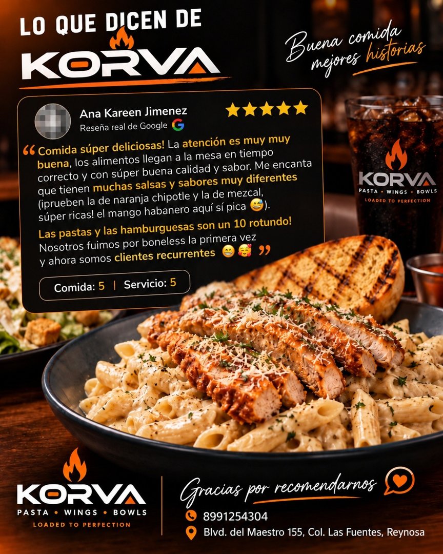 Anuncio de KORVA: Restaurante de pasta, alitas y hamburguesas