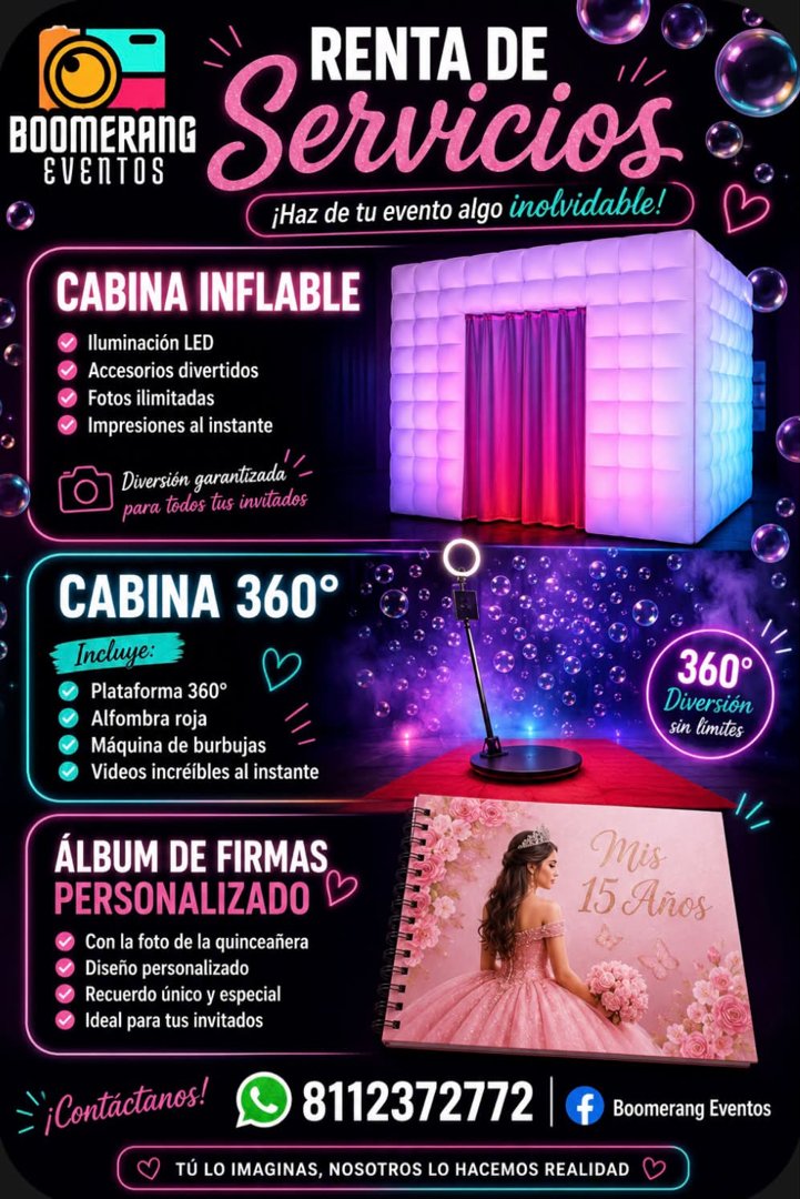 Anuncio de Boomerang Eventos: cabinas fotográficas y álbum de firmas