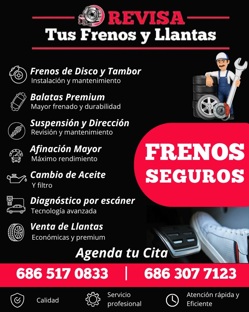 Anuncio de Revisa tus Frenos y Llantas: revisión de frenos y llantas