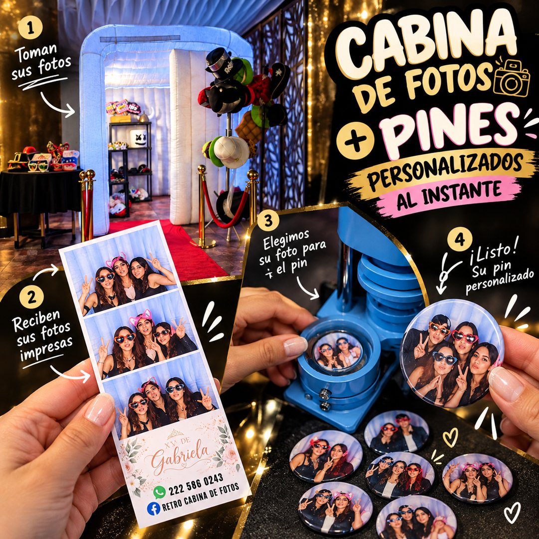Anuncio de RETRO Cabina de Fotos Puebla: cabina de fotos con pines personalizados