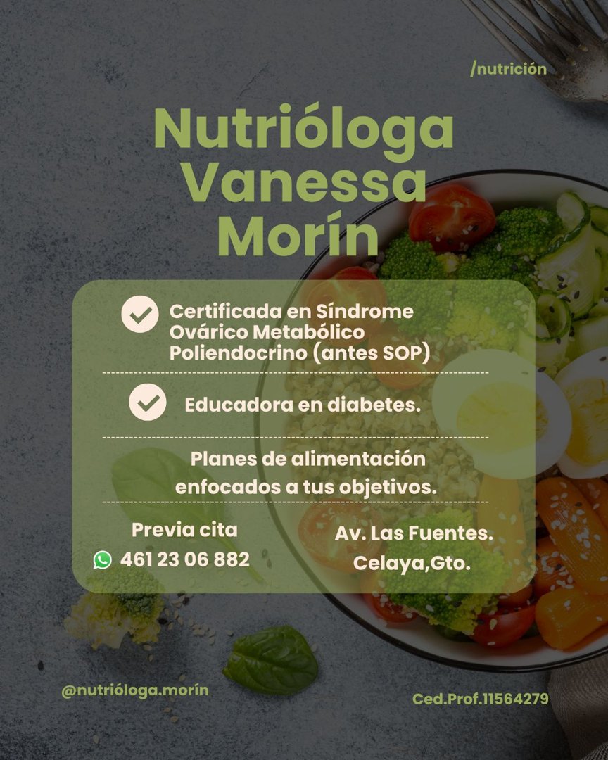 Anuncio de Nutrióloga Vanessa Morín: Planes de alimentación