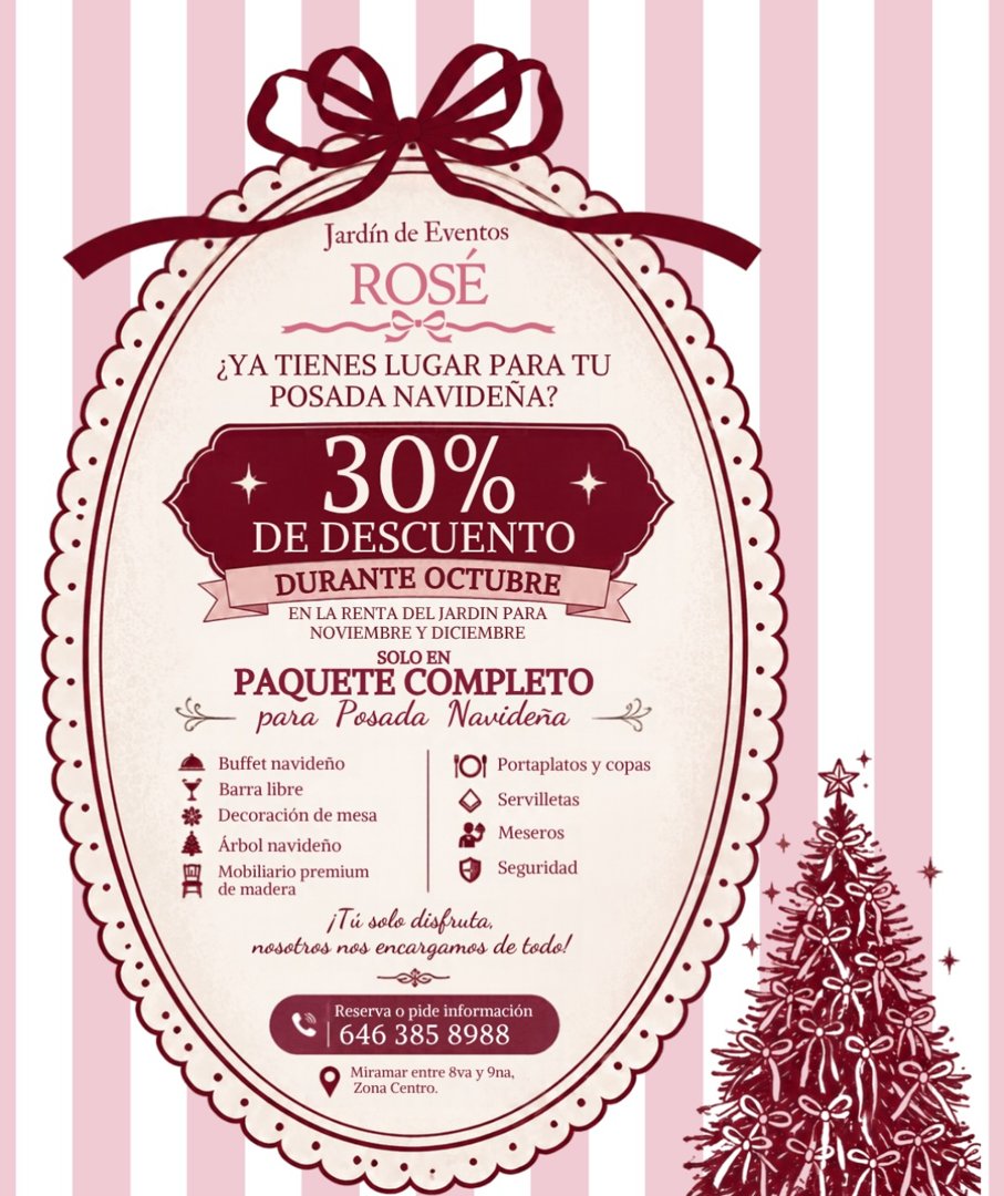 Anuncio de Rosé Jardín de Eventos: Paquete completo de posada navideña