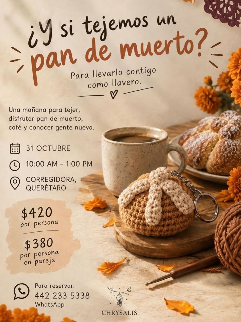 Anuncio de psic_chrysalis: Taller de crochet para hacer un llavero de pan de muerto