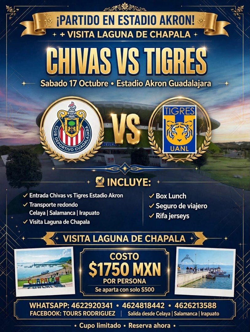 Anuncio de Tours Rodriguez: Paquete de viaje para partido de fútbol y visita a Chapala