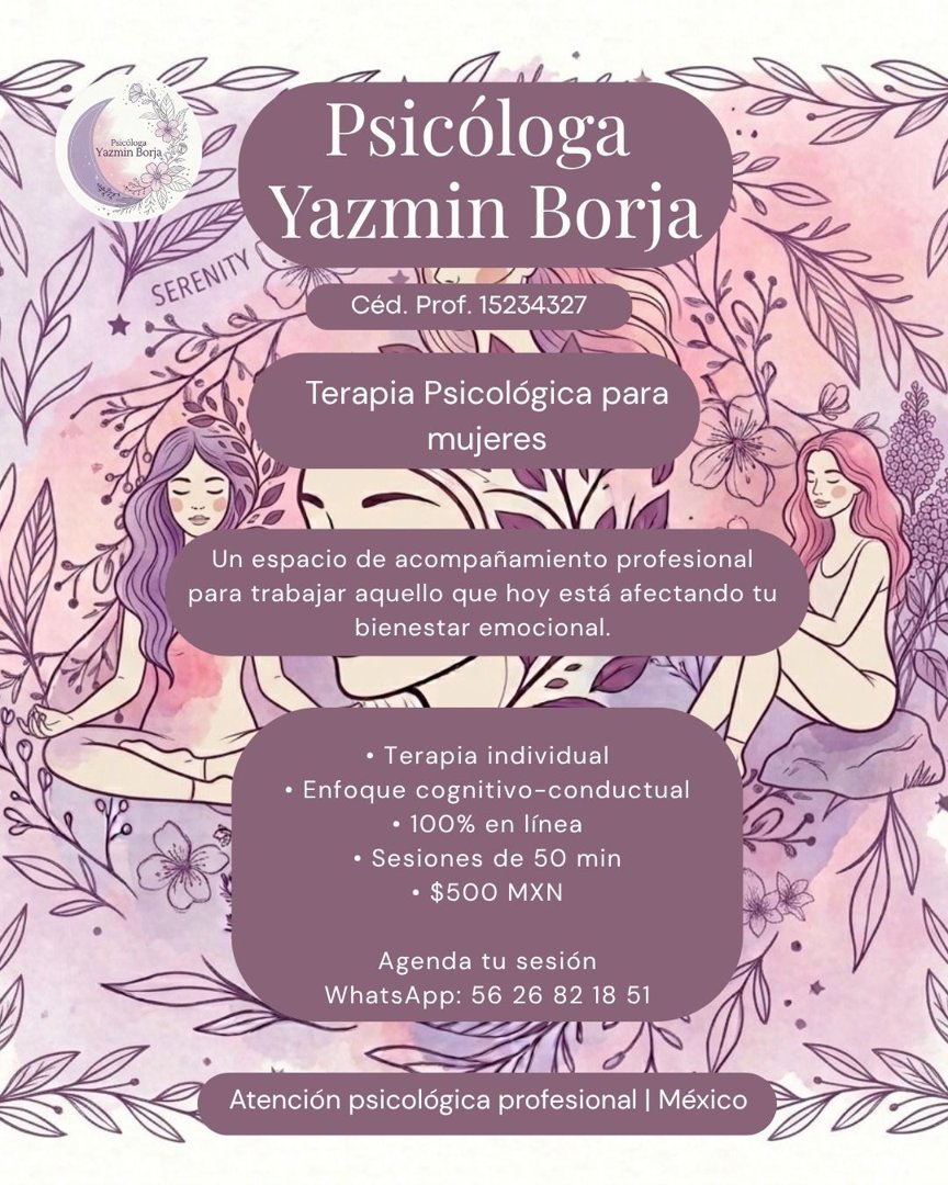 Anuncio de Psicóloga Yazmin Borja: Terapia psicológica para mujeres