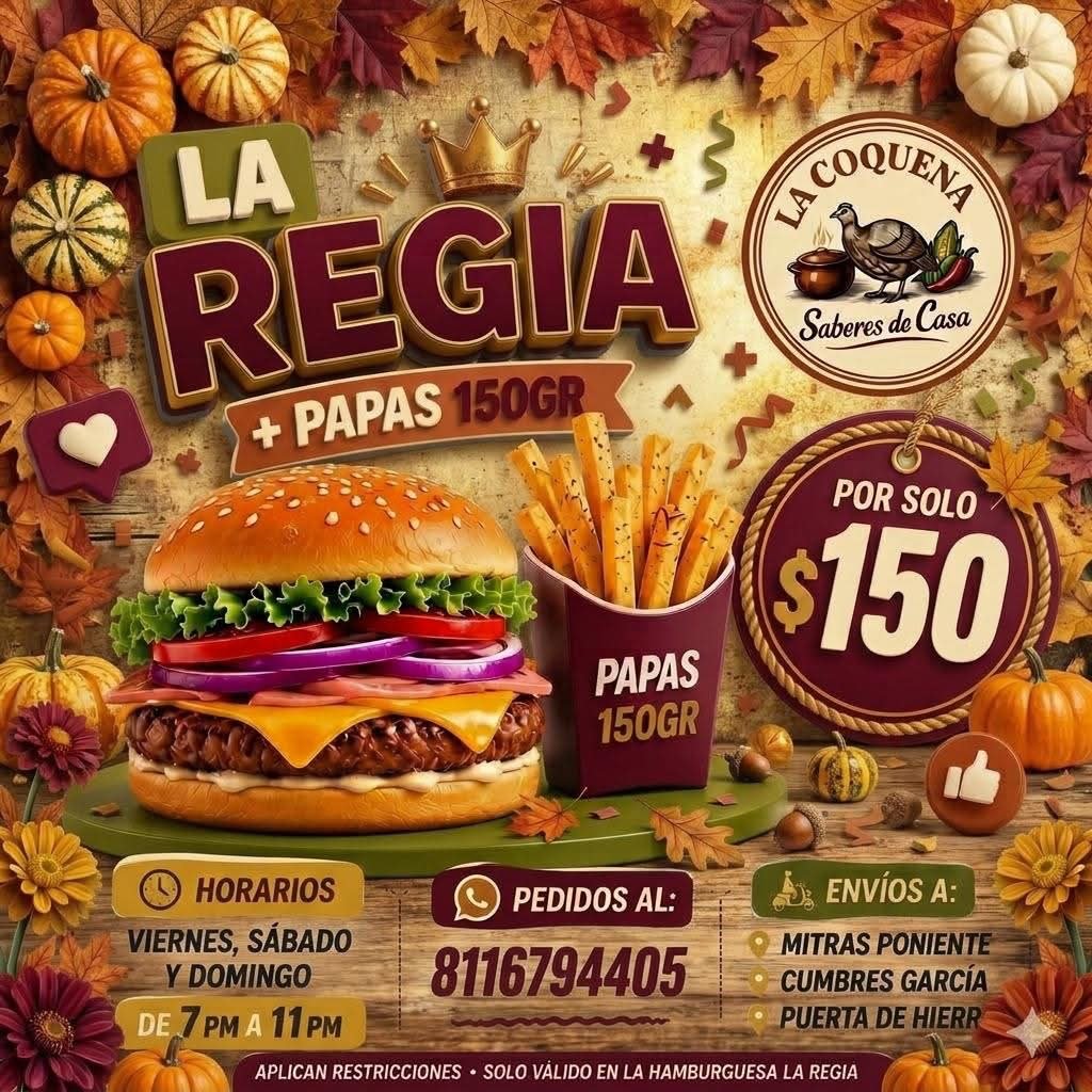 Anuncio de La Coquena Sabores de Casa: Hamburguesa La Regia + papas 150 g