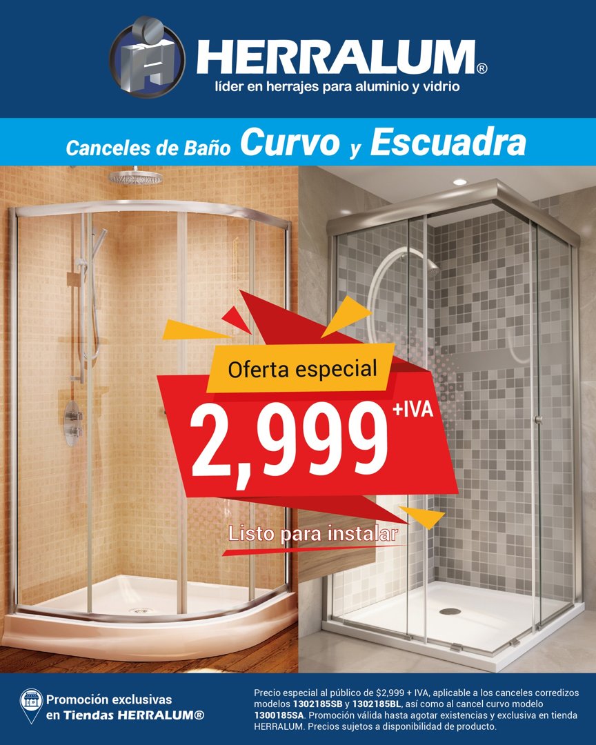 Anuncio de Herralum: canceles de baño curvo y escuadra