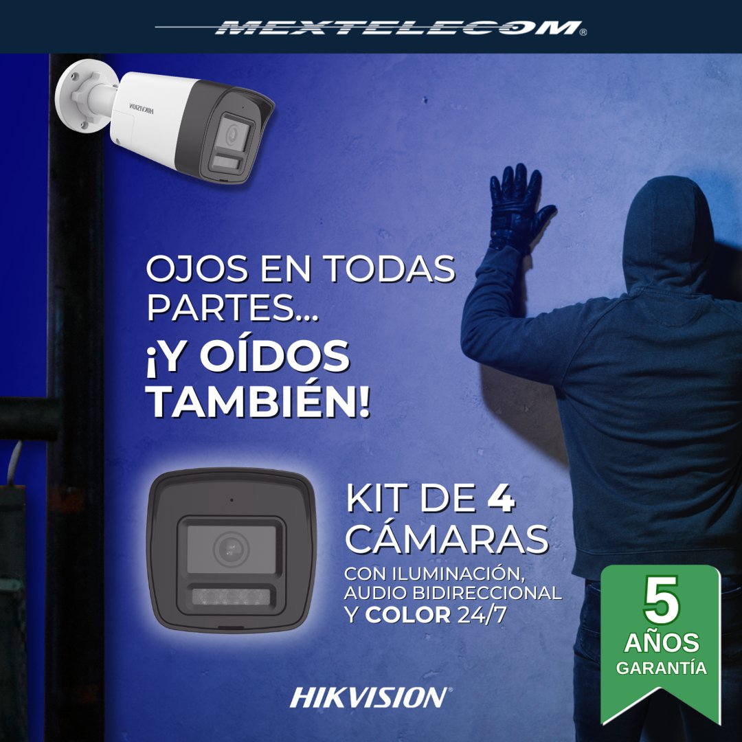 Anuncio de Mextelecom Sucursal Lopez: Kit de 4 cámaras con iluminación, audio bidireccional y color 24/7
