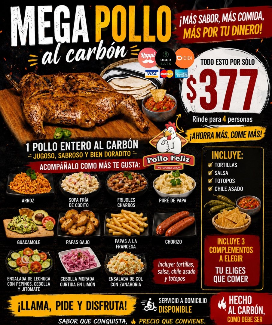 Anuncio de Restaurante Pollo Feliz Puerto Vallarta: Pollo entero al carbón