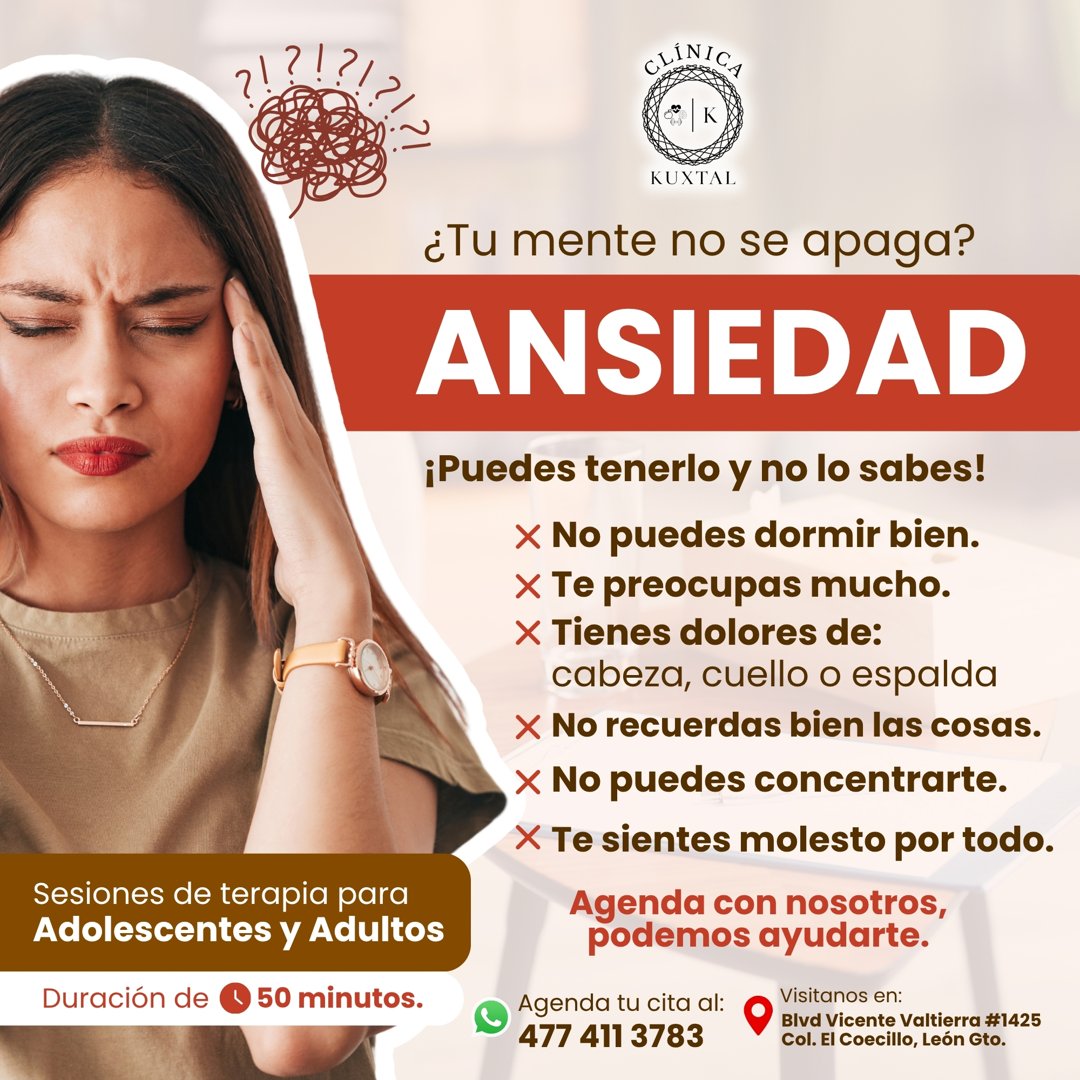 Anuncio de Clínica Kuxtal: Sesiones de terapia para ansiedad