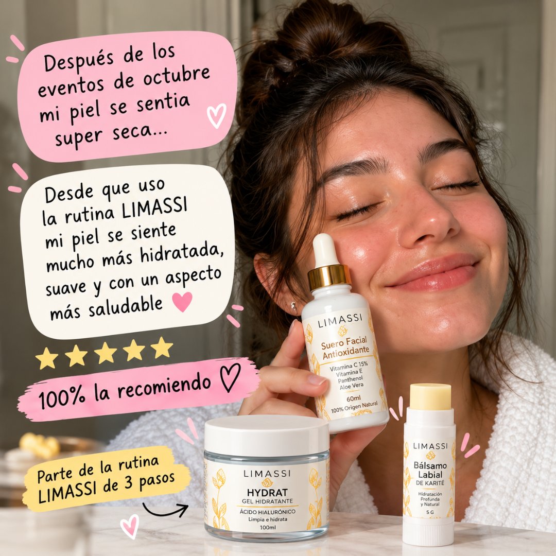 Anuncio de Limassi: Rutina de cuidado facial con suero, gel hidratante y bálsamo labial