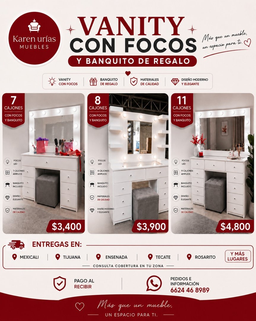 Anuncio de Karen Urías Muebles: vanity con focos y banquito de regalo