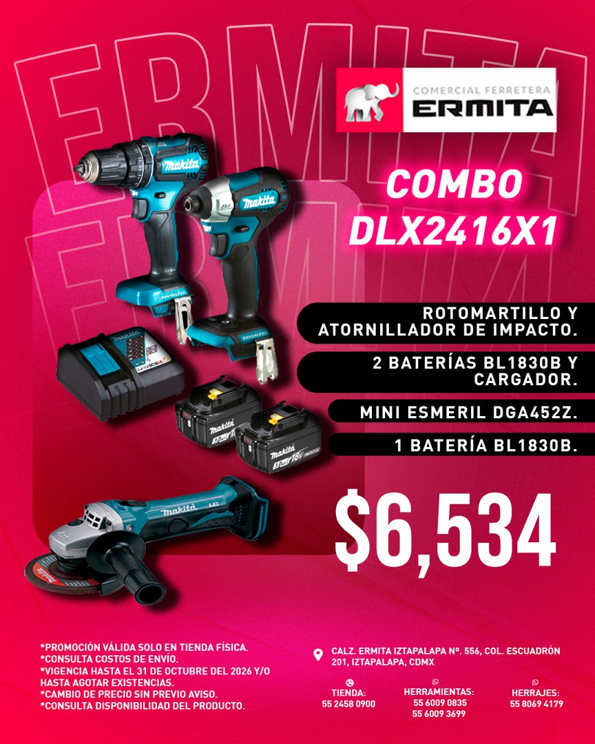 Anuncio de Comercial Ferretera Ermita, SA de CV: Combo Makita DLX2416X1