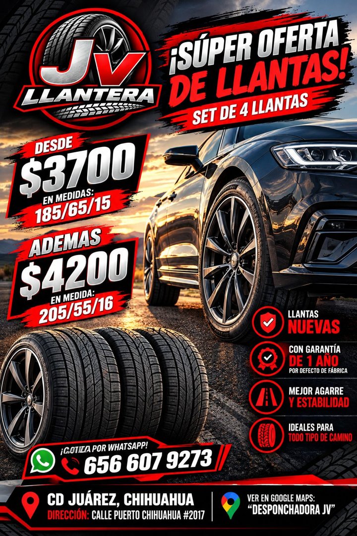 Anuncio de Desponchadora y Llantera JV: llantas nuevas