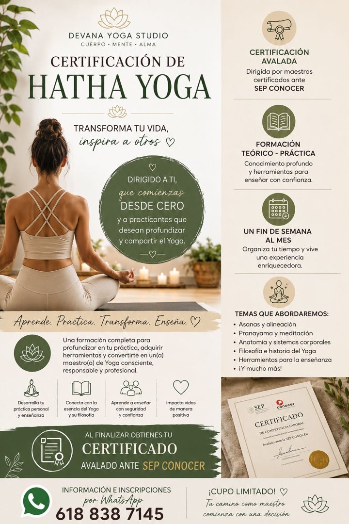 Anuncio de Devana Yoga Studio: Certificación de Hatha Yoga para adultos