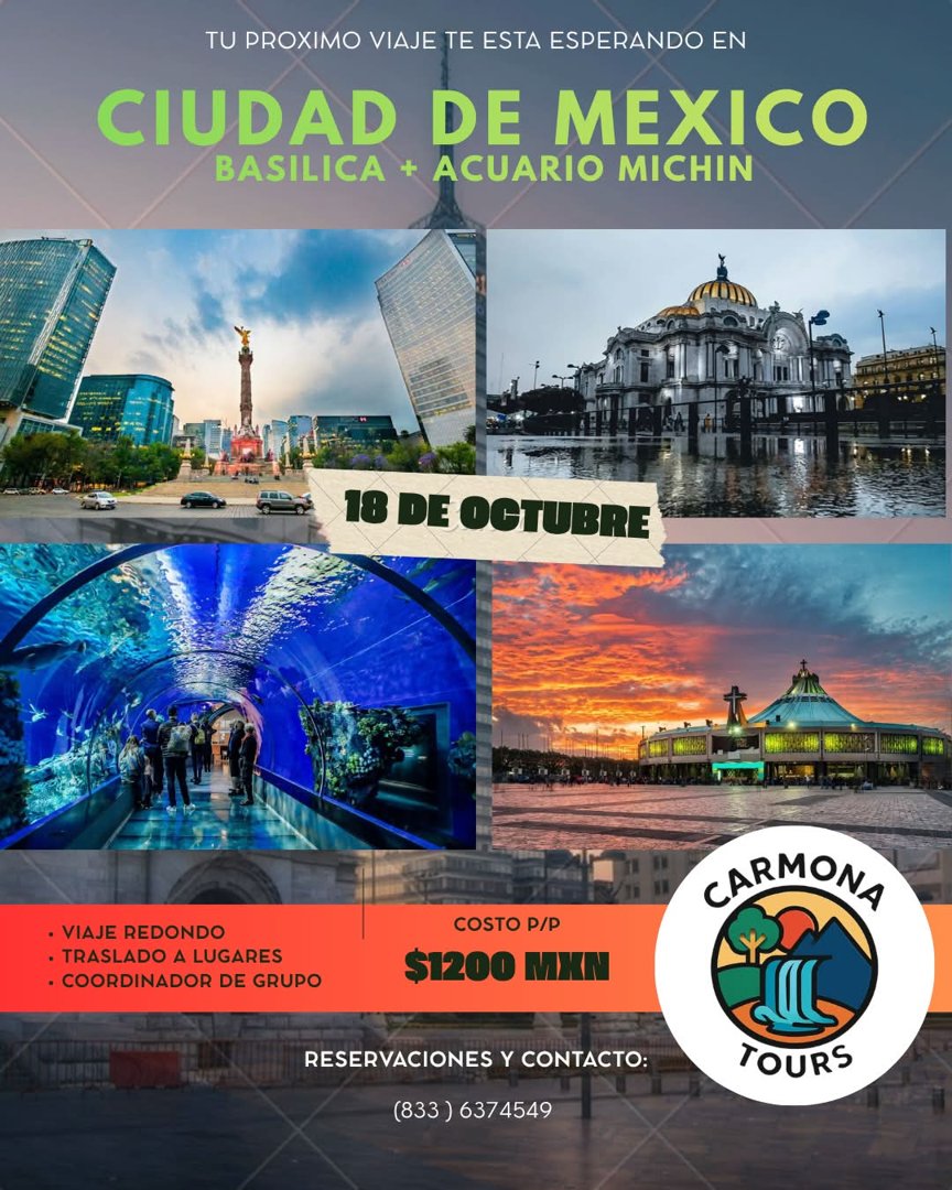 Anuncio de Carmona Tours: Viaje a Basílica y Acuario Michin