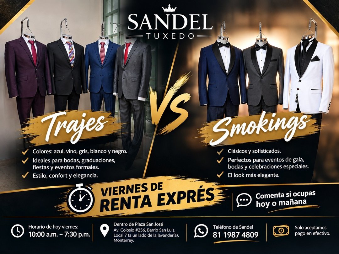 Anuncio de Sandel Tuxedo Suc. Solidaridad: renta de trajes y smokings