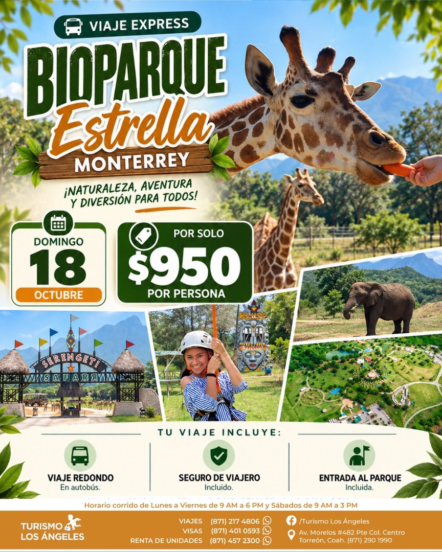 Anuncio de Turismo Los Angeles     Visas, Viajes y renta de unidades: Bioparque Estrella Monterrey
