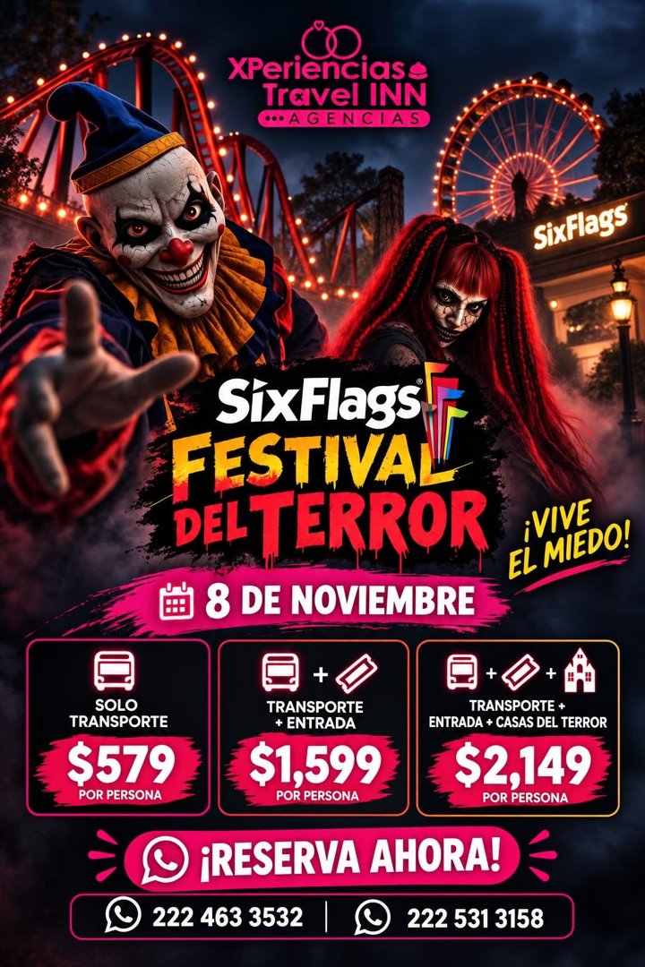 Anuncio de XperienciasTravel INN: paquetes de viaje al Six Flags Festival del Terror
