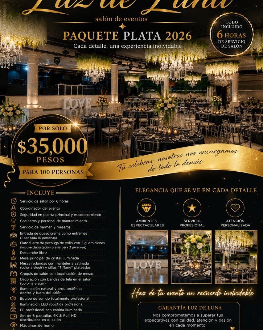 Anuncio de Salón Luz de Luna: Paquete de salón para eventos