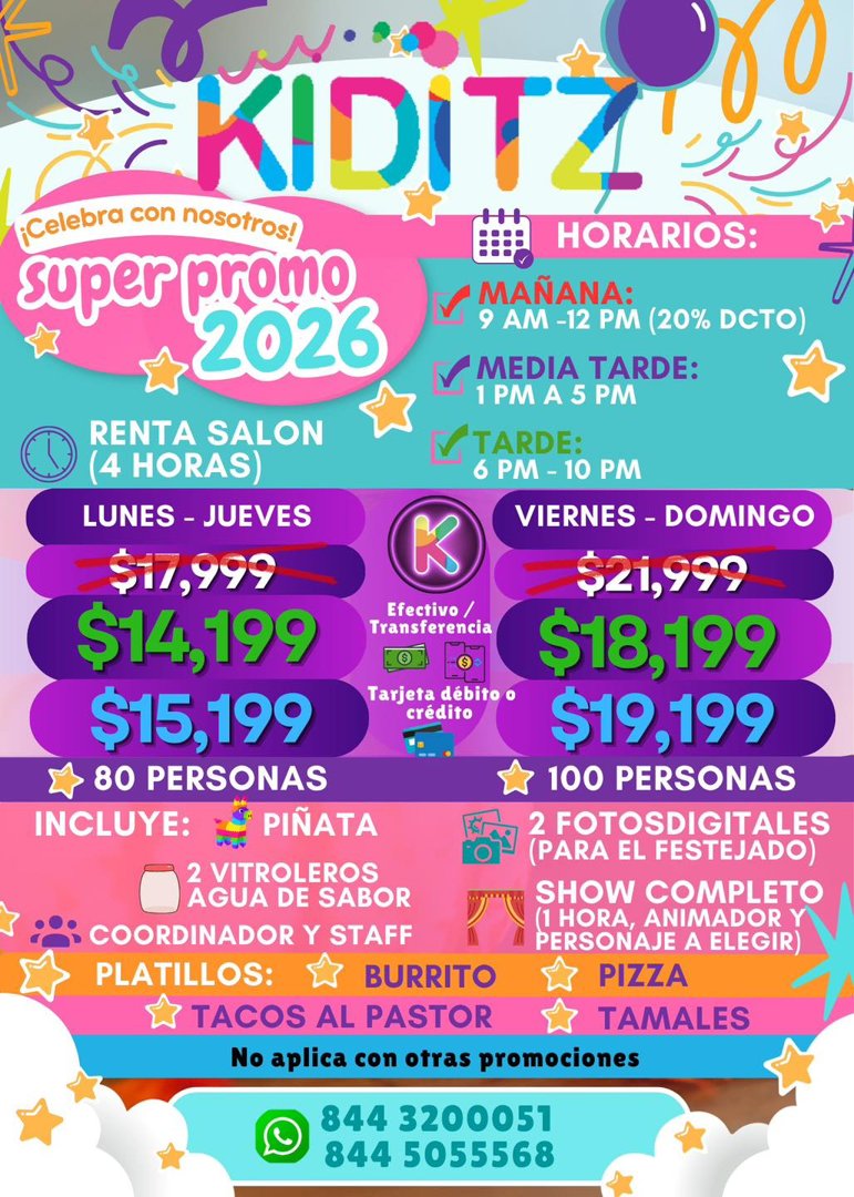 Anuncio de Kiditz Saltillo: Renta de salón para fiestas infantiles