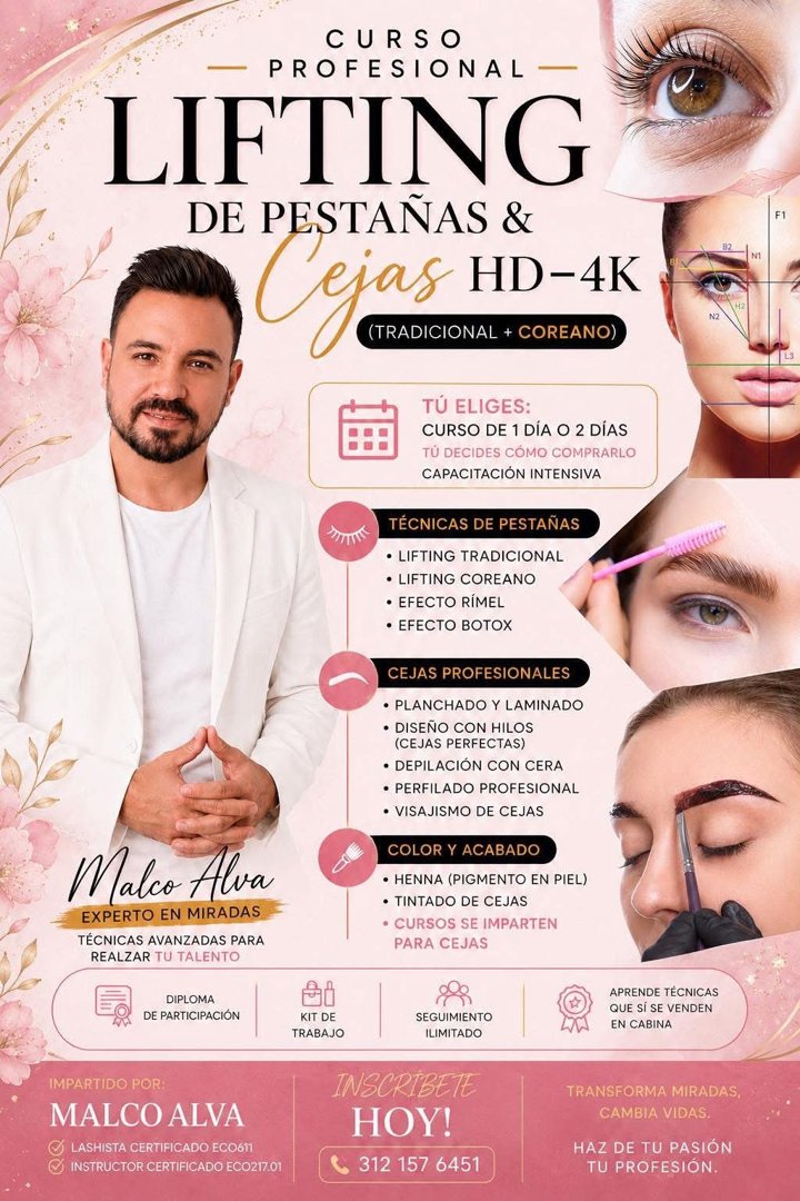 Anuncio de Malco Alva: curso profesional de lifting de pestañas y cejas