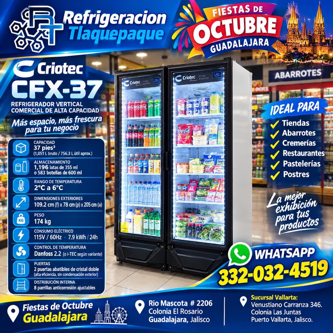 Anuncio de Refrigeración Tlaquepaque MX: Refrigerador vertical comercial de alta capacidad