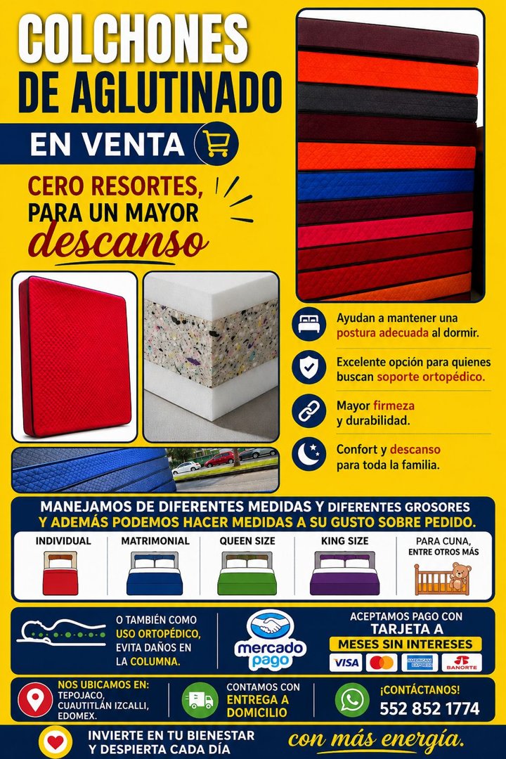 Anuncio de Colchones y colchonetas de aglutinado, cero resortes: Colchones de aglutinado sin resortes