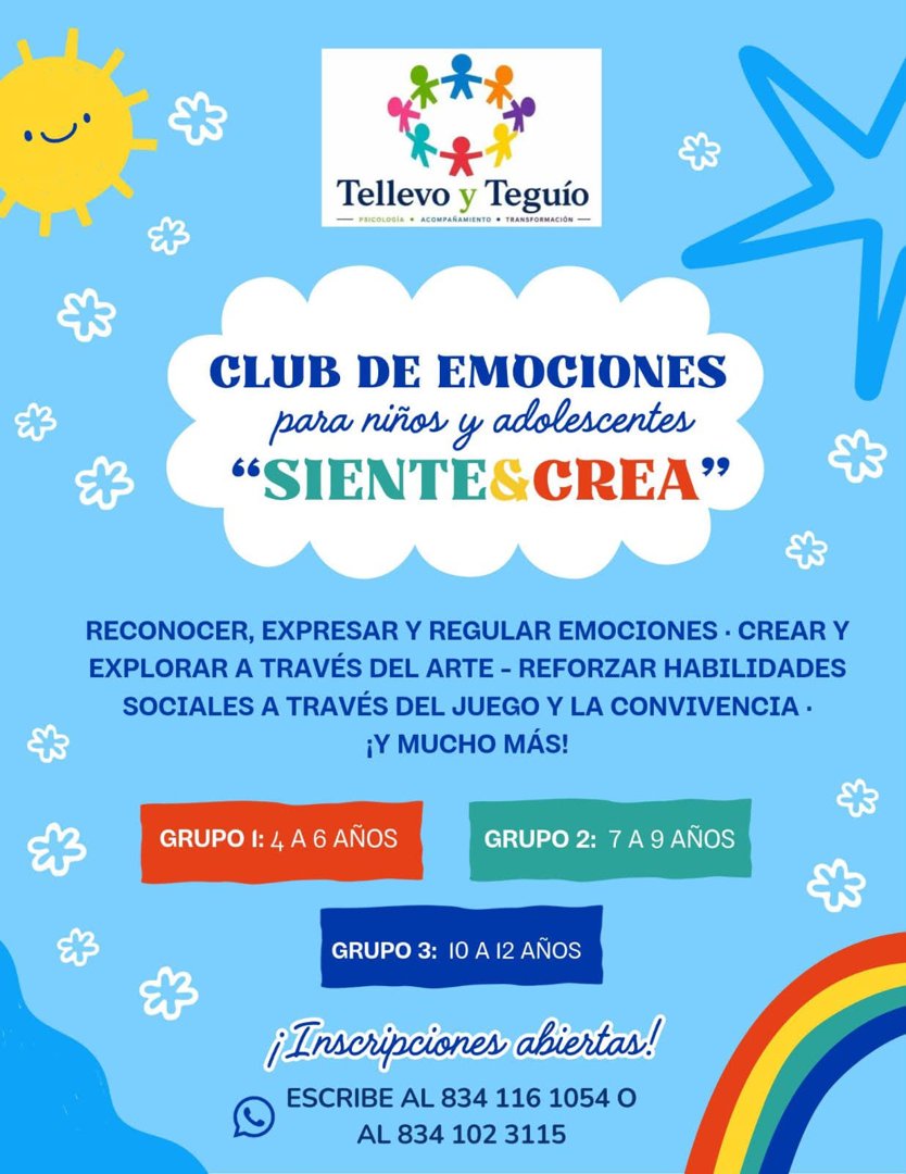 Anuncio de Tellevo y Teguío psicología: Club de emociones para niños y adolescentes