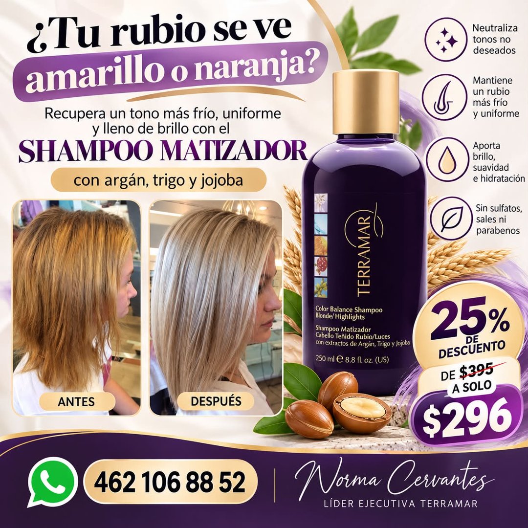 Anuncio de Norma Cervantes: Shampoo matizador para cabello rubio
