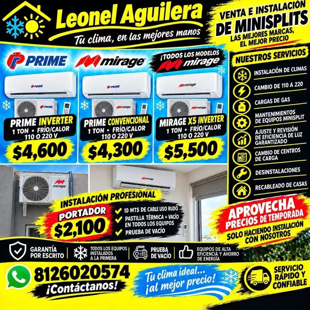 Anuncio de servicio electrico ,mtto de climas: instalación de minisplits