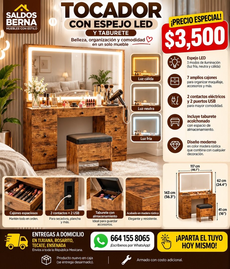Anuncio de Saldos BERNA: tocador con espejo LED y taburete