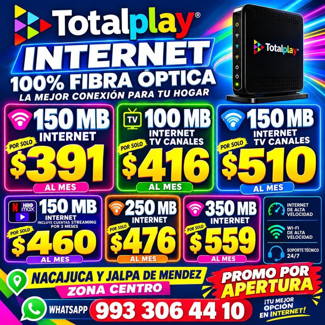 Anuncio de Ventas Y Asesorías Totalplay Villahermosa: Internet de fibra óptica