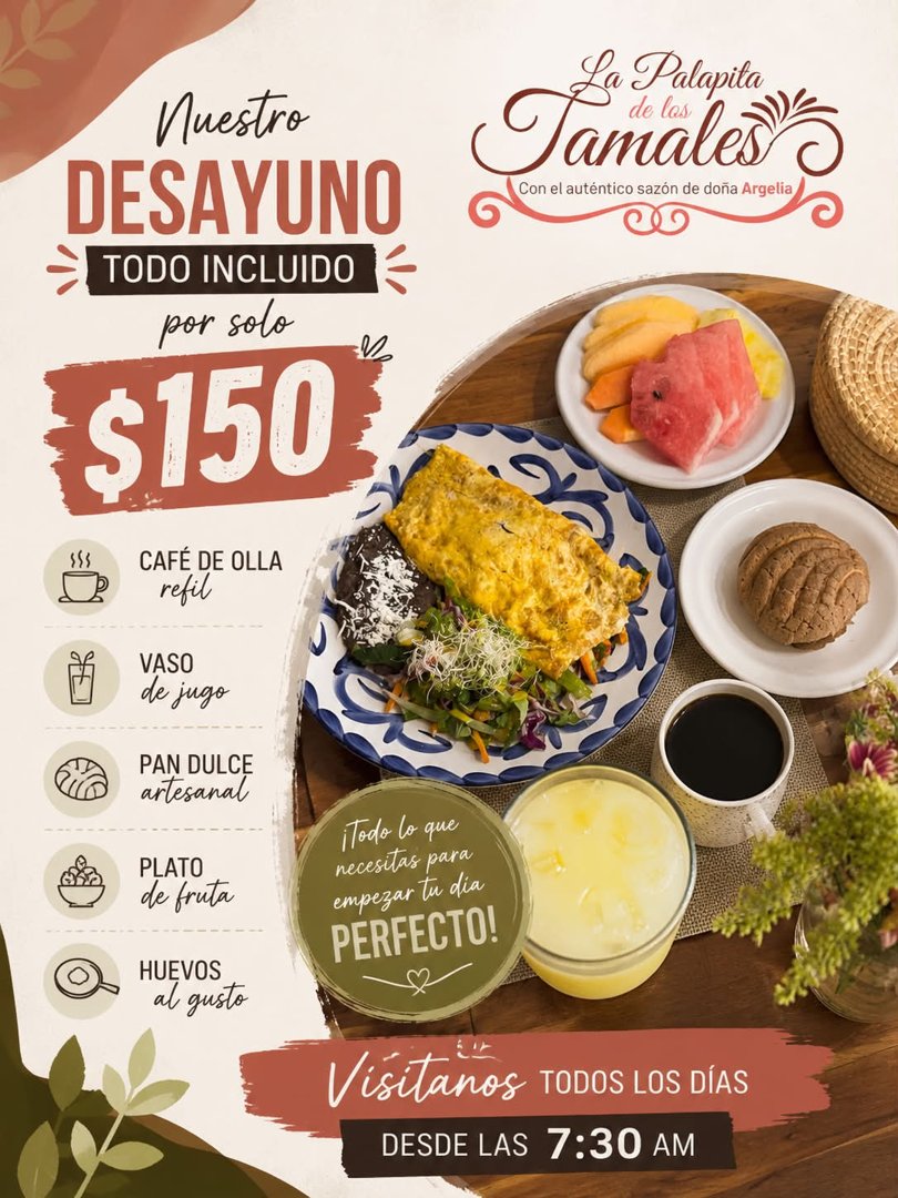 Anuncio de La Palapita de los Tamales: desayuno