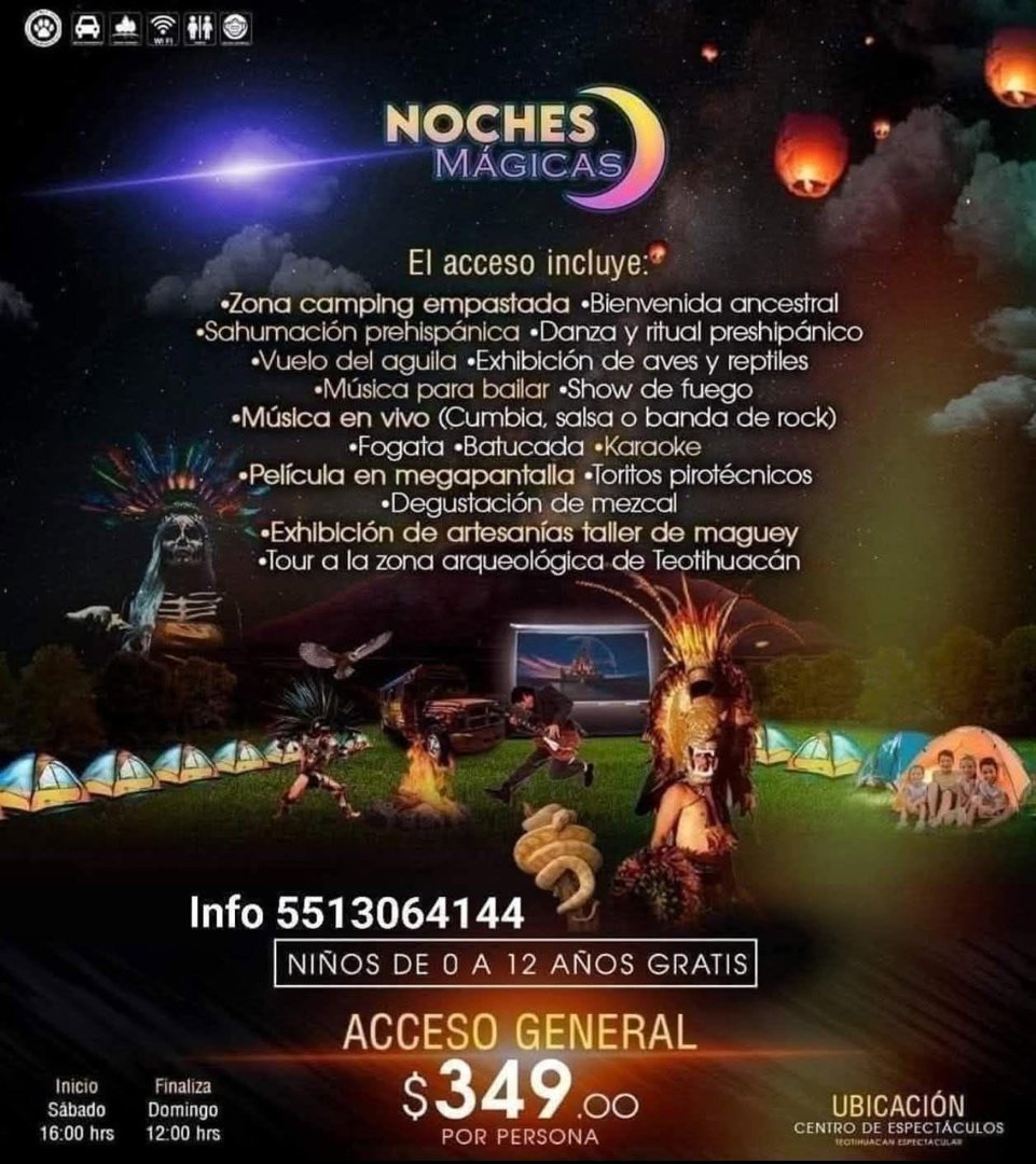 Anuncio de De Party en Teotihuacan: acceso a actividades y camping en Teotihuacan