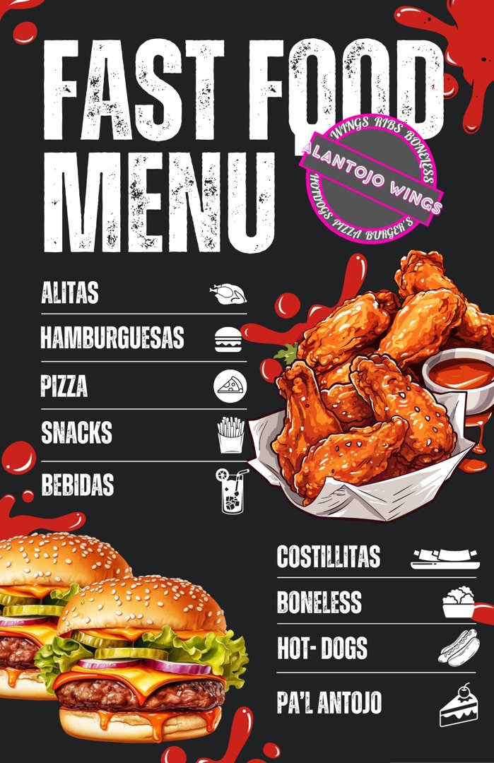 Anuncio de Alantojo Wings PIQ: Alitas, hamburguesas, pizza, snacks y bebidas