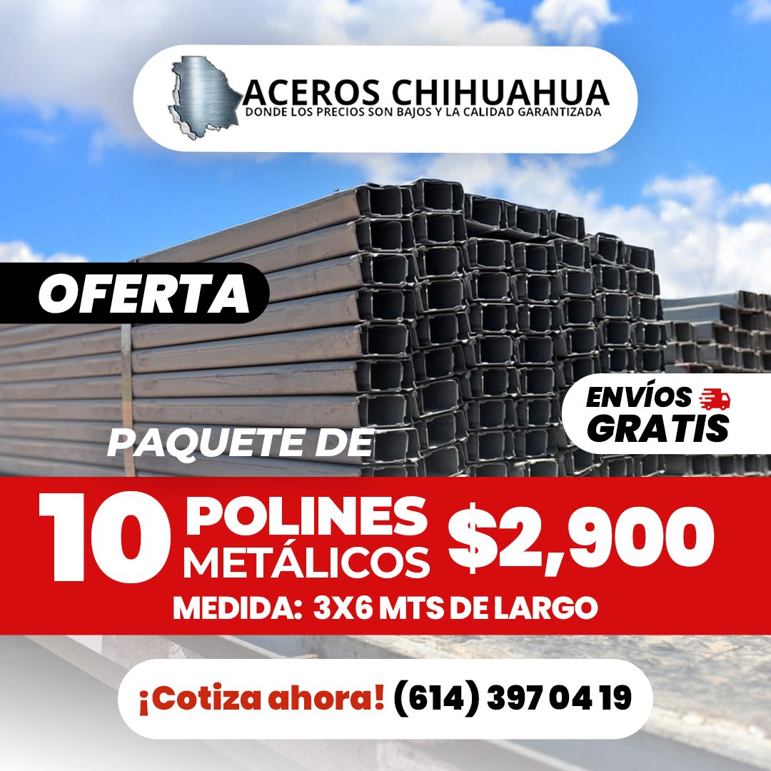 Anuncio de Aceros Chihuahua: paquete de 10 polines metálicos