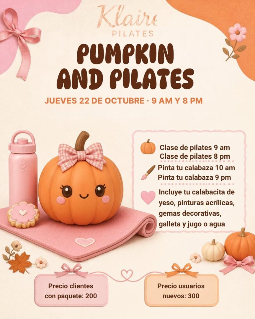 Anuncio de Klaire Pilates: Clase de Pilates + pintura de calabaza