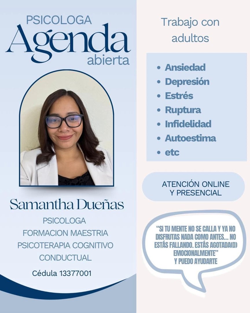 Anuncio de Psicóloga Samantha Dueñas: Psicoterapia cognitivo-conductual