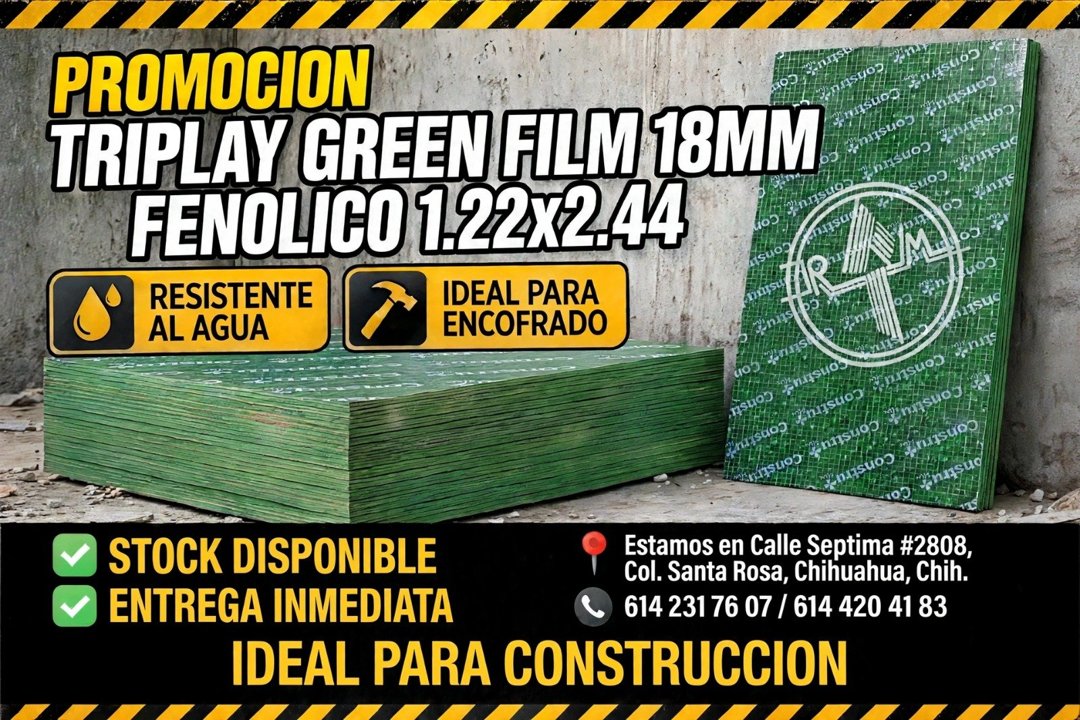 Anuncio de Maderas Rym: Triplay Green Film Fenólico 18mm 1.22x2.44