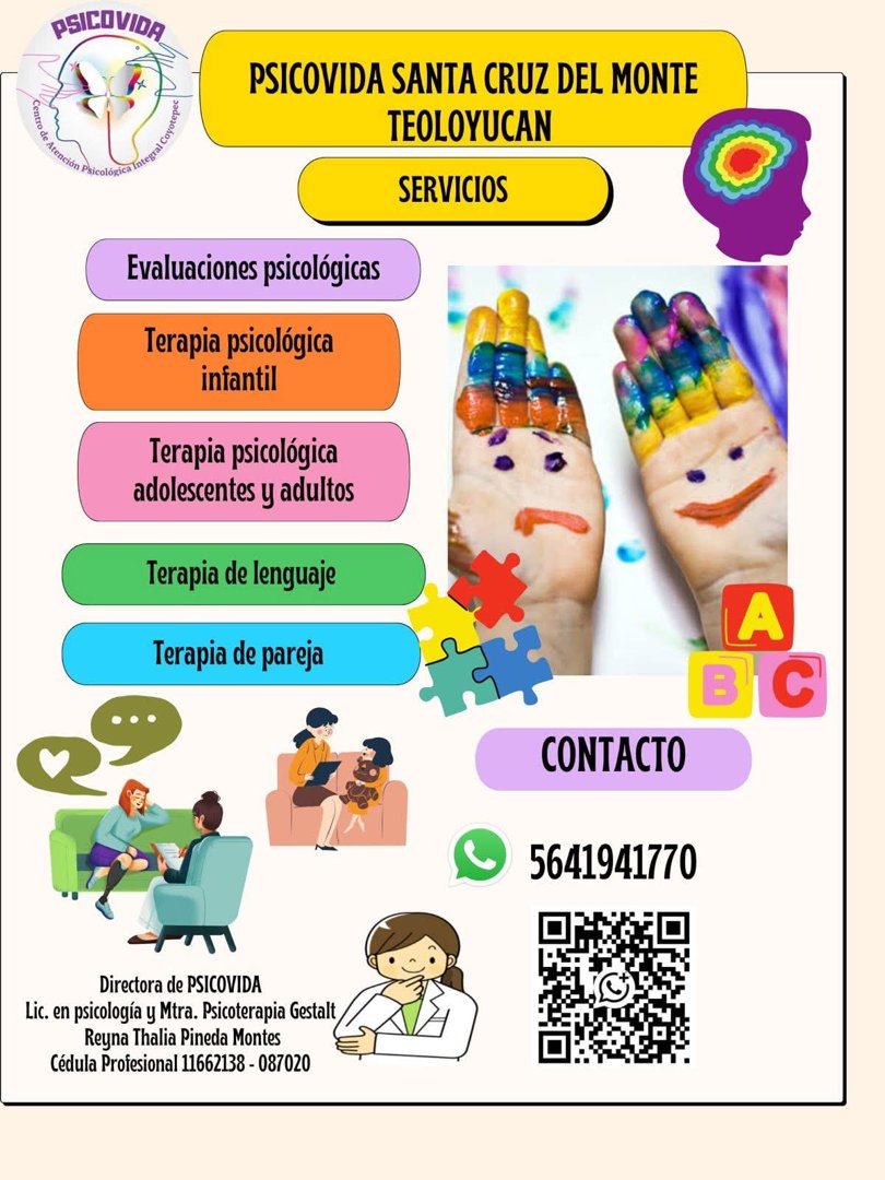 Anuncio de Psicovida Santa Cruz del Monte, Teoloyucan: Evaluaciones psicológicas y terapias (infanto, adolescente, adultos, lenguaje, pareja)