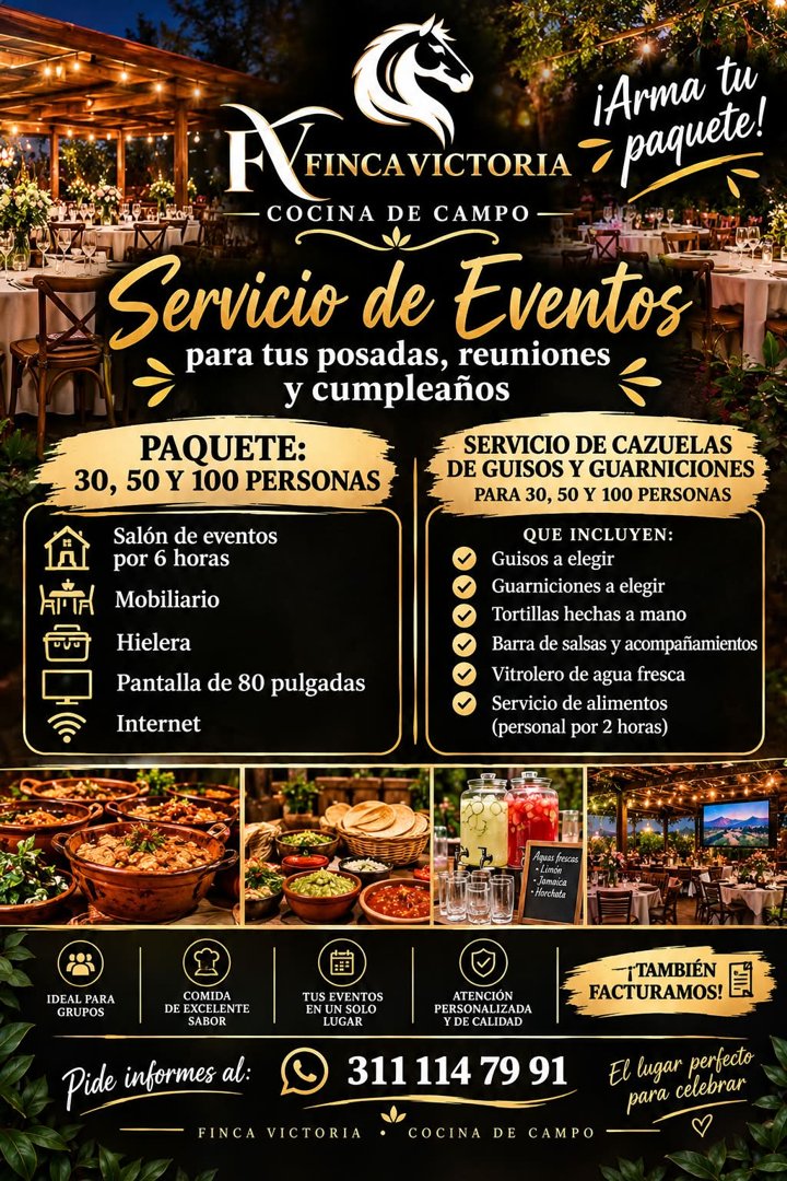 Anuncio de Finca Victoria: Servicio de eventos para posadas, reuniones y cumpleaños
