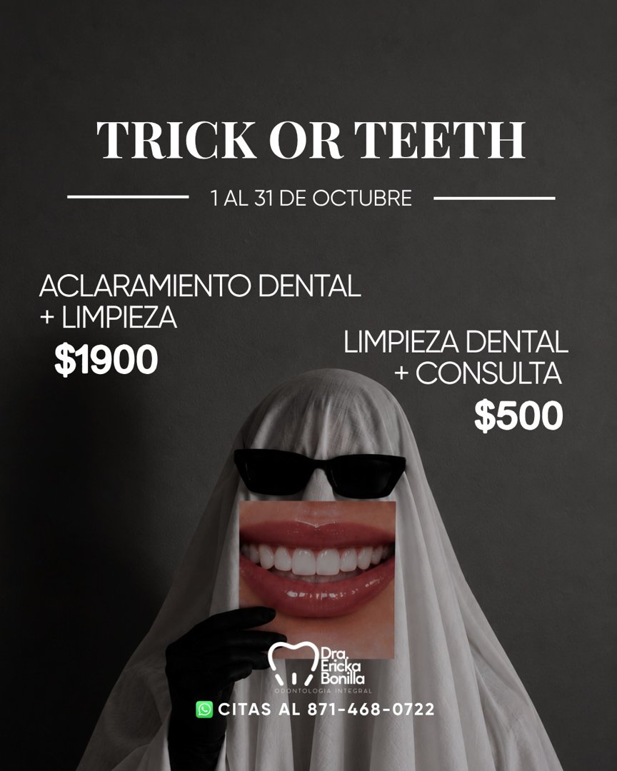 Anuncio de Dra. Ericka Bonilla: aclaramiento dental + limpieza