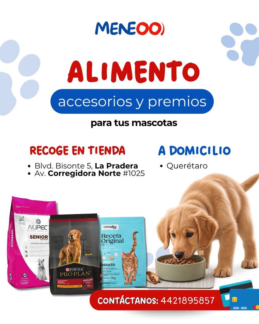 Anuncio de Meneoo: alimento, accesorios y premios para mascotas