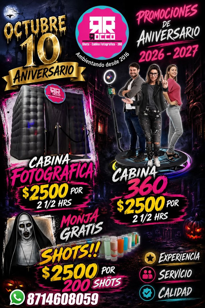 Anuncio de Röccö, Shöts - Cäbinä Fötögráficä - 360: cabina fotográfica y 360°
