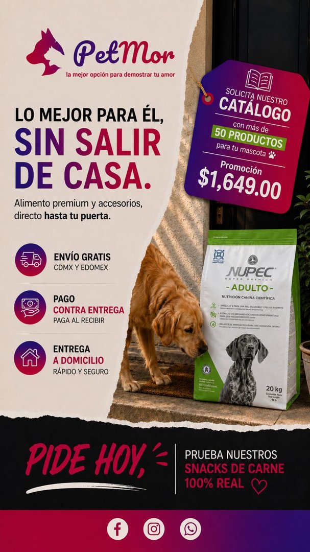 Anuncio de PetMor: Alimento premium y accesorios para mascotas
